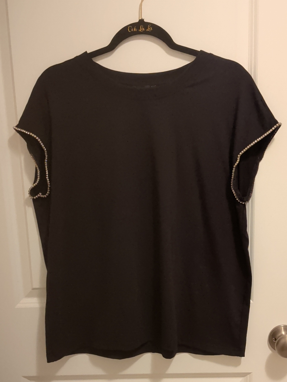 Black Short Sleeve Tee with Rhinestone Sleeve Trim